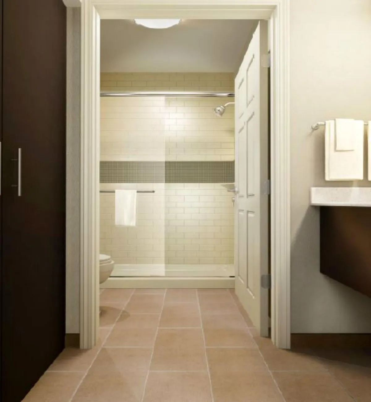 A fresh, contemporary bathroom featuring a clean shower area, sleek vanity with plush towels, and neutral wall tones. The bathroom is designed for relaxation and rejuvenation after busy days, contributing to the overall feeling of comfort and essential amenities.